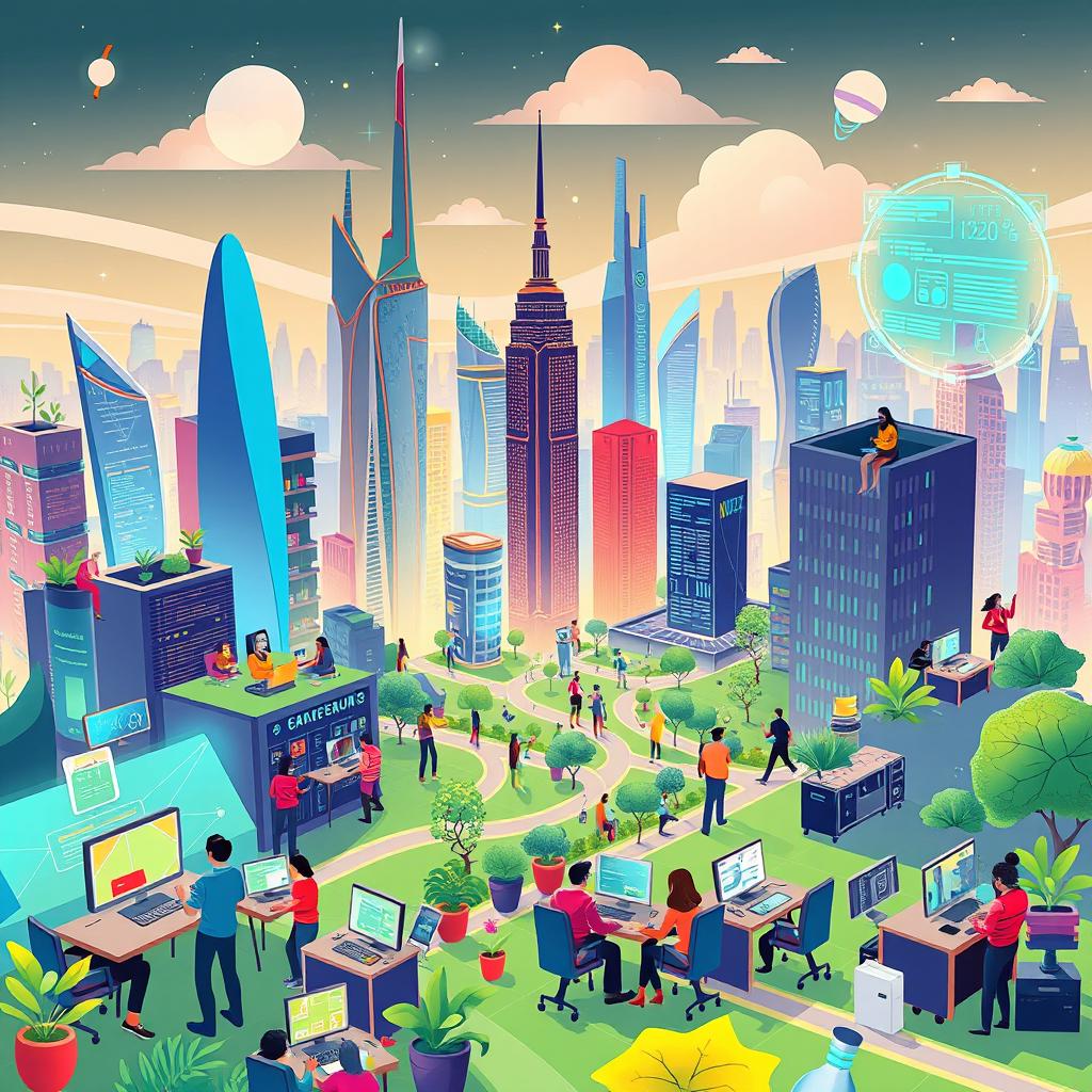 A vibrant and energetic illustration showcasing a futuristic city filled with open-source technology, featuring diverse people collaborating around computers and digital devices