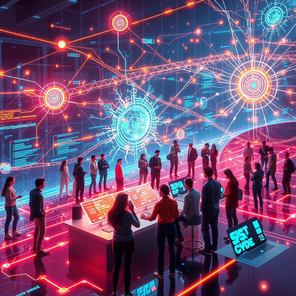 A futuristic representation of open-source artificial intelligence, showcasing a vibrant digital landscape filled with interconnected neural networks and coding symbols