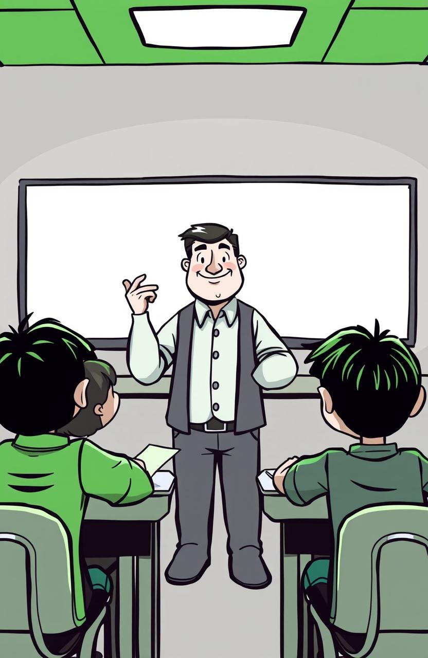A cartoon-style illustration depicting a classroom scene with a calm and smiling stoic teacher instructing five students