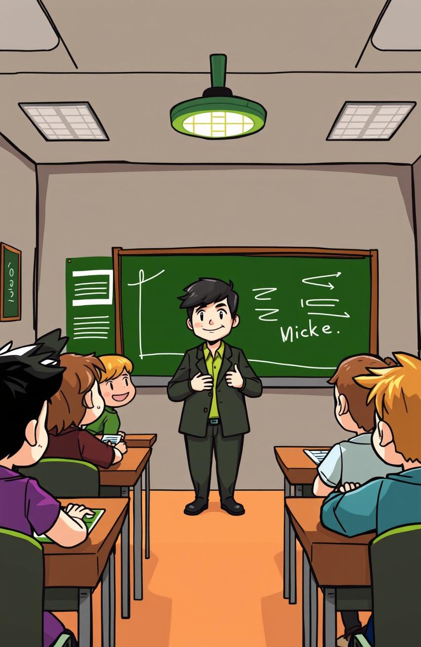 A cartoon style illustration depicting a scene inside a classroom with 10 students being taught by a calm and relaxed teacher