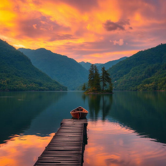 A serene landscape featuring a tranquil lake surrounded by lush green mountains, under a vibrant sunset sky filled with oranges, pinks, and purples