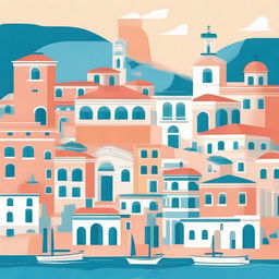 Create a vibrant and engaging illustration showcasing Greece's unique architecture, landscapes, and culture.