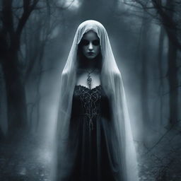 An album cover featuring a mysterious and beautiful ghost woman, portrayed in a gothic style. She's ethereal, surrounded by dark and gloomy atmosphere.