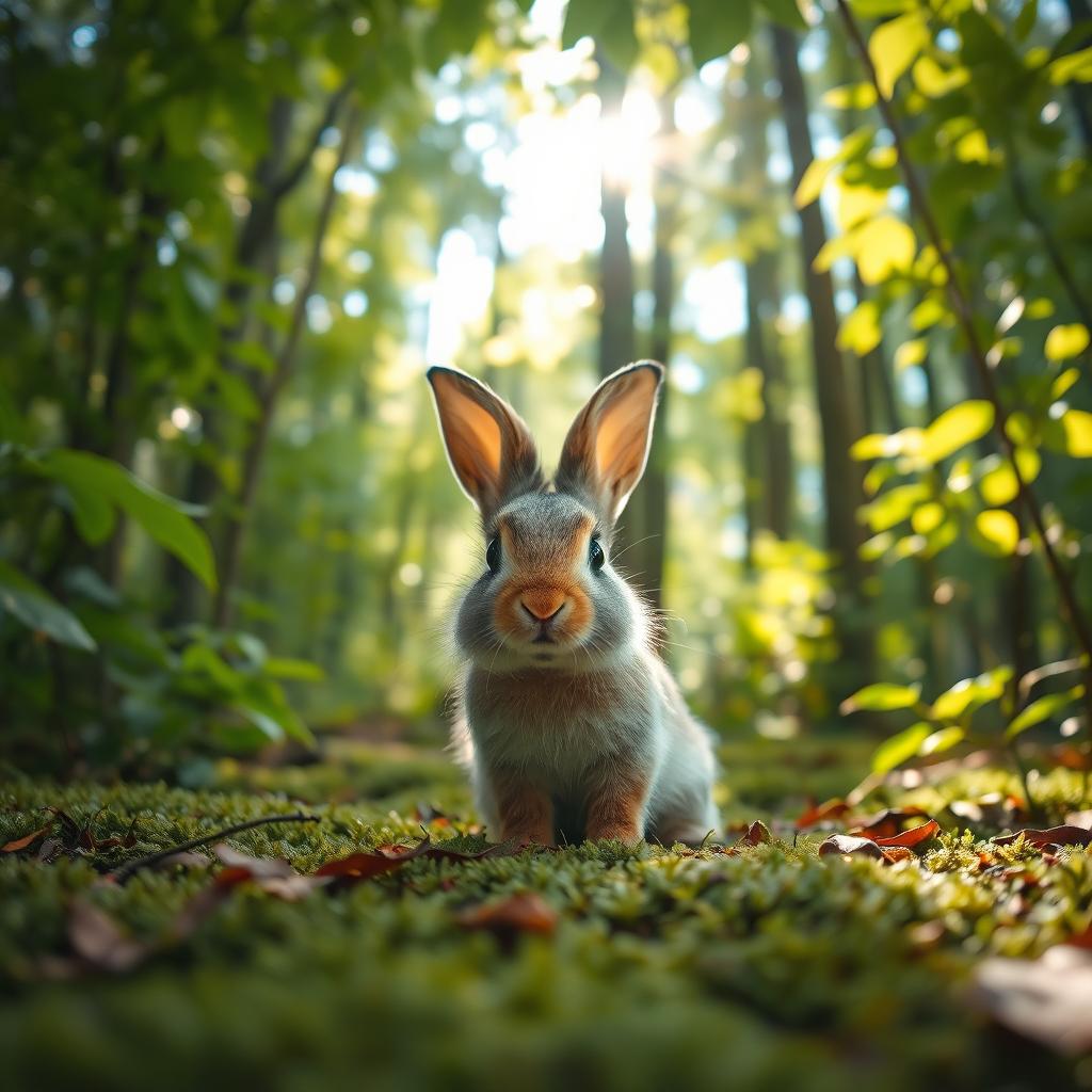 A baby rabbit looking lost in a dense forest, surrounded by tall trees with vibrant green leaves