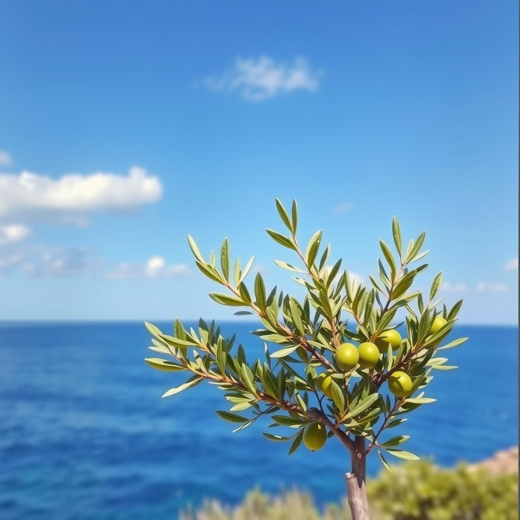 A small olive tree painted in a realistic style, beautifully detailed, set against a stunning backdrop of the sea