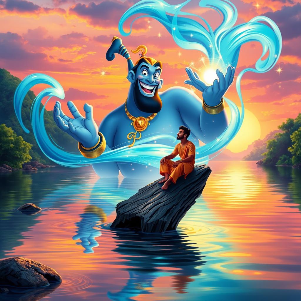 A vibrant scene depicting Aladdin's genie, a magical and majestic character with swirling blue smoke and bright golden elements, lounging on the serene waters of a river