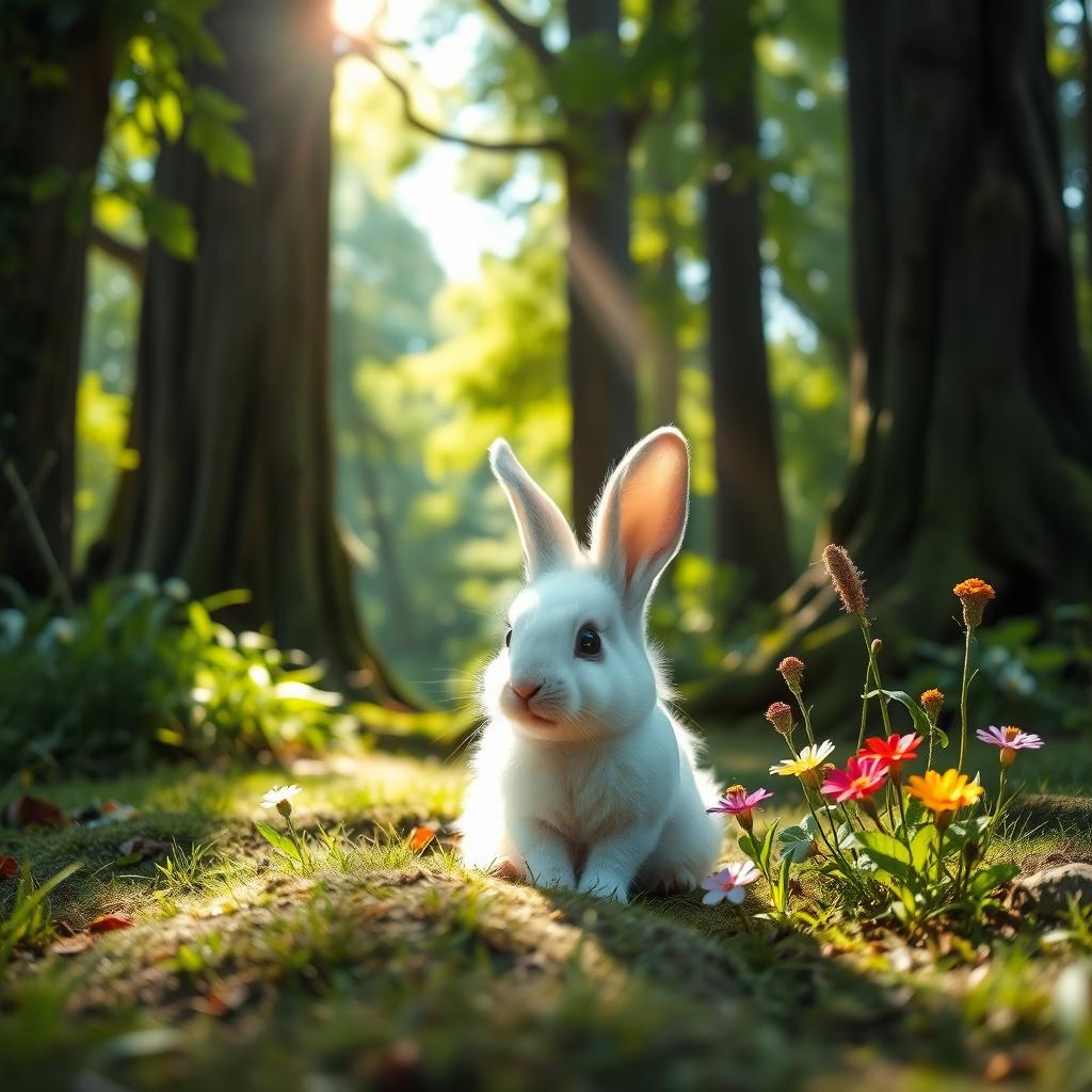 A cute lost bunny sitting on a soft forest floor surrounded by lush greenery