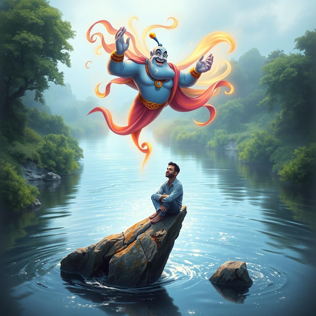 An imaginative scene depicting Aladdin's genie, a vibrant and magical figure, suspended above the surface of a shimmering river