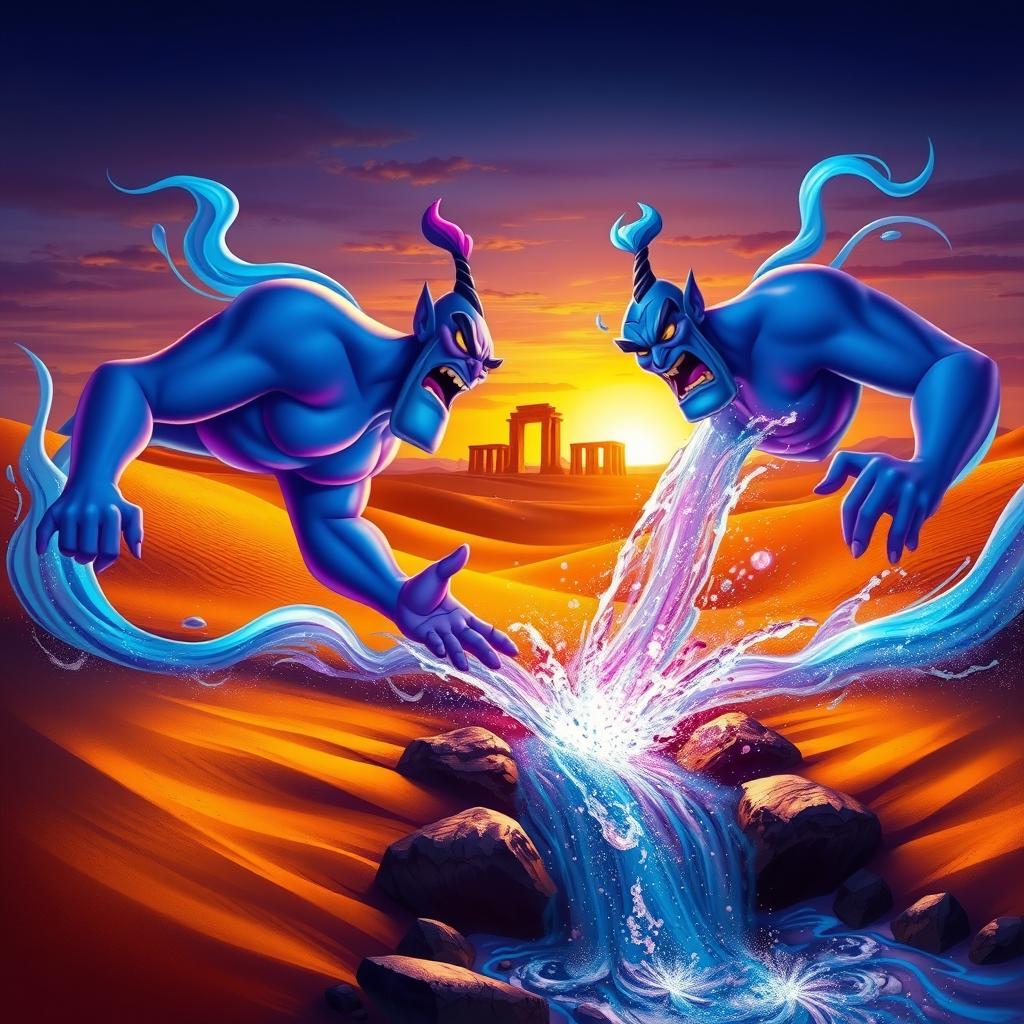 A dramatic scene depicting Aladdin's two genies engaged in a fierce battle over a magical stream of water
