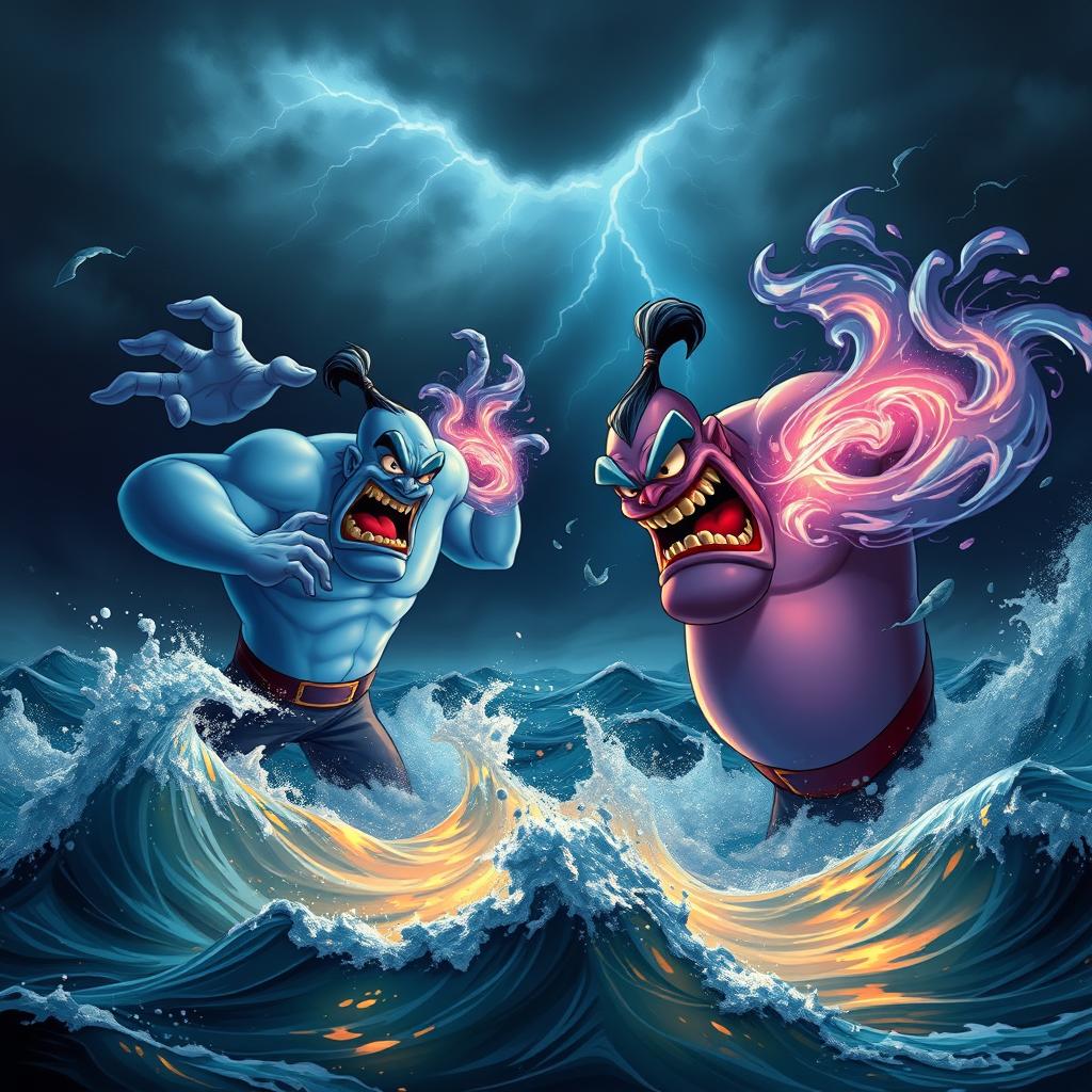 An intense scene depicting two powerful genies from Aladdin, each exhibiting angry expressions, engaged in an epic battle over tumultuous ocean waters