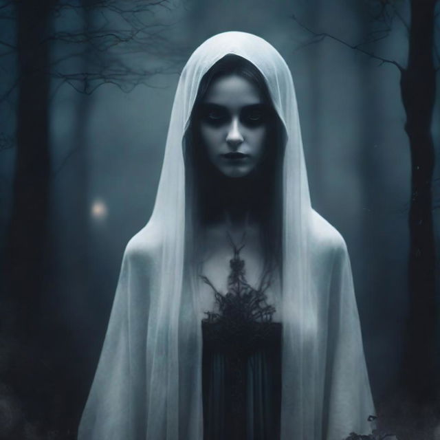 An album cover featuring a mysterious and beautiful ghost woman, portrayed in a gothic style. She's ethereal, surrounded by dark and gloomy atmosphere.