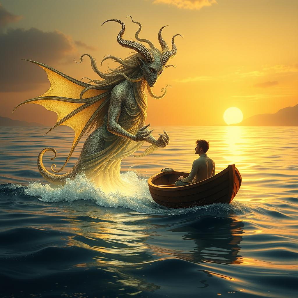 A mysterious jinn rising from the ocean water, radiating an ethereal glow, as a curious man sits in a small wooden boat
