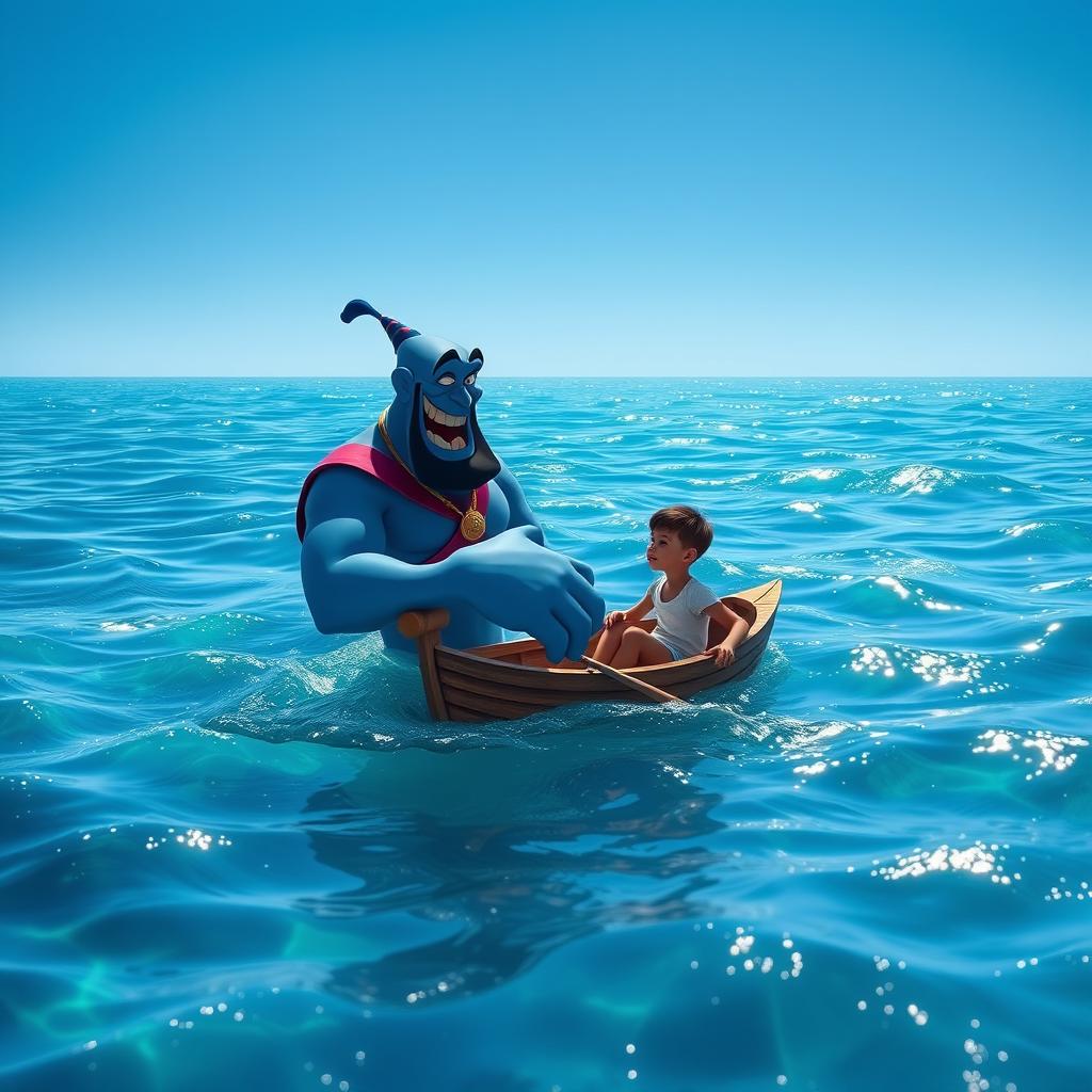 A vibrant scene depicting Aladdin's Genie floating on the surface of the ocean, surrounded by sparkling blue waves