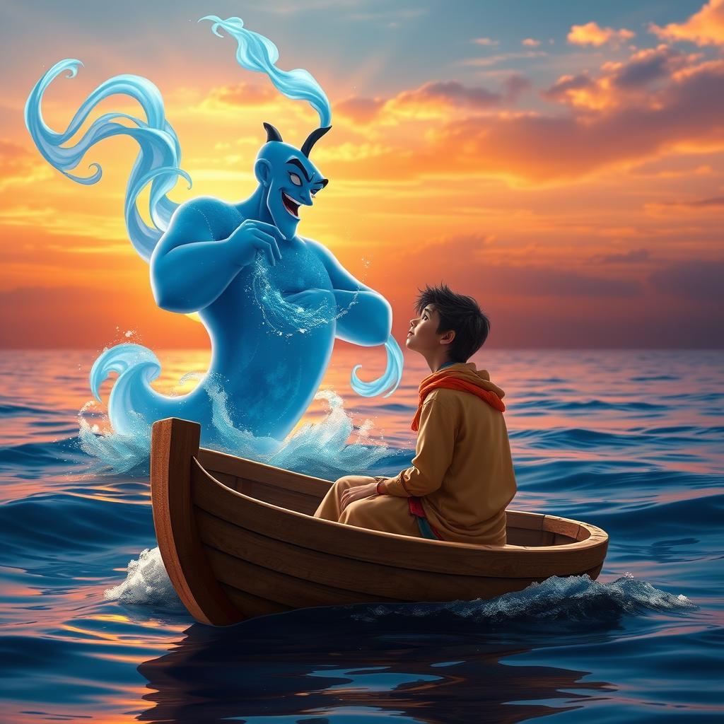 A mystical scene depicting Aladdin's genie, a large, blue, ethereal figure with swirling smoke and sparkling effects, emerging from the sea waves