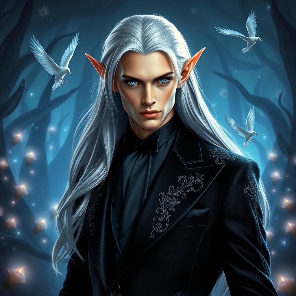 A majestic elf embodying a blend of fantasy and contemporary style, adorned in an elegant modern black suit