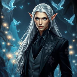 A majestic elf embodying a blend of fantasy and contemporary style, adorned in an elegant modern black suit