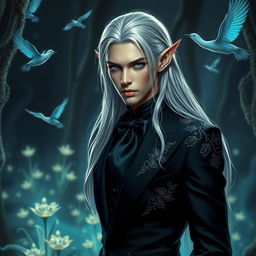 A majestic elf embodying a blend of fantasy and contemporary style, adorned in an elegant modern black suit