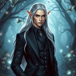 A majestic elf embodying a blend of fantasy and contemporary style, adorned in an elegant modern black suit