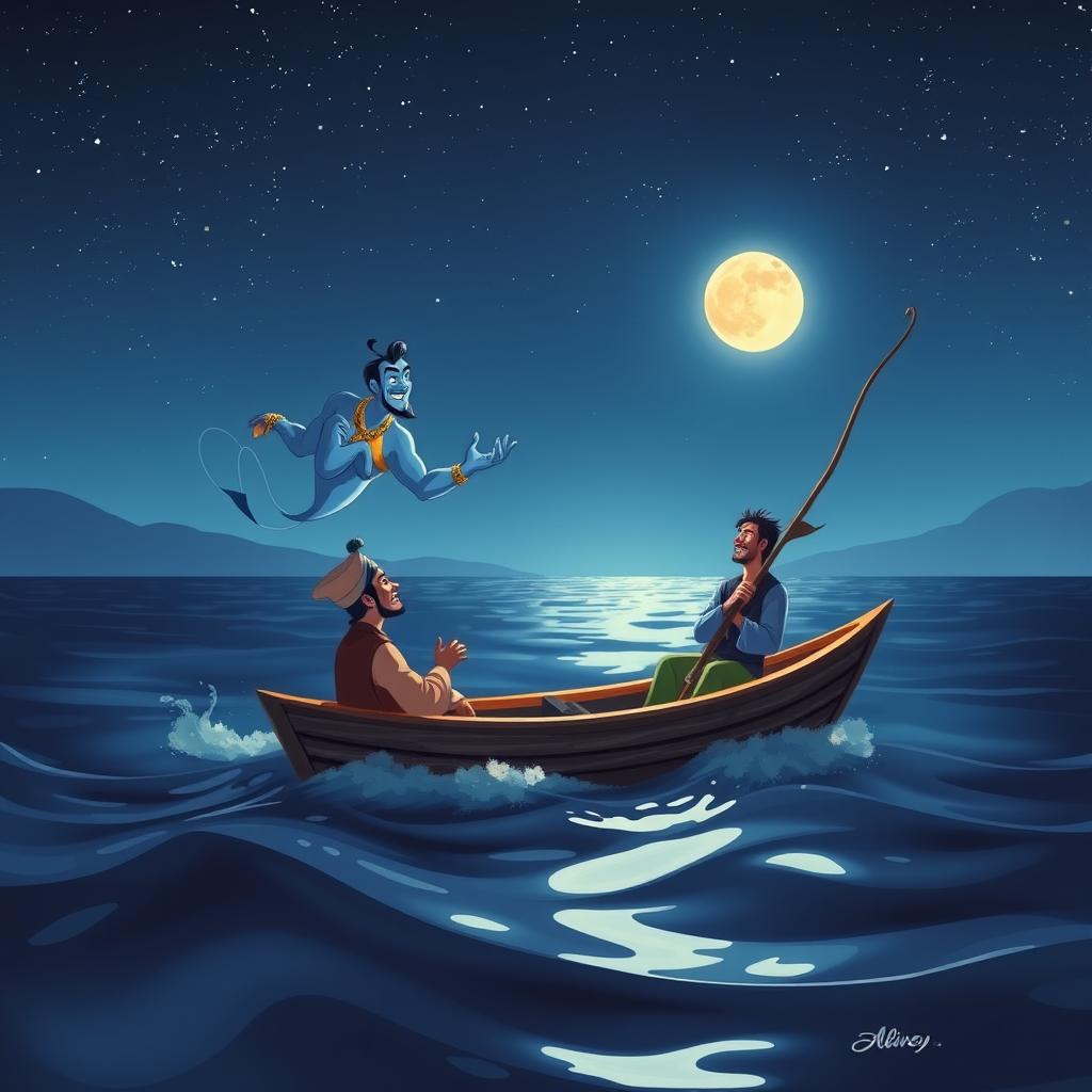 A magical scene depicting Aladdin's genie and a fisherman engaged in a friendly conversation while out at sea in a small boat
