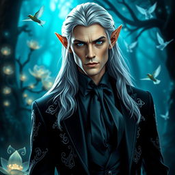 A majestic elf dressed in an elegant modern black suit, seamlessly blending fantasy with contemporary style