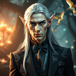 A majestic elf dressed in an elegant modern black suit, seamlessly blending fantasy with contemporary style