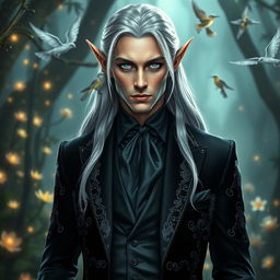 A majestic elf dressed in an elegant modern black suit, seamlessly blending fantasy with contemporary style