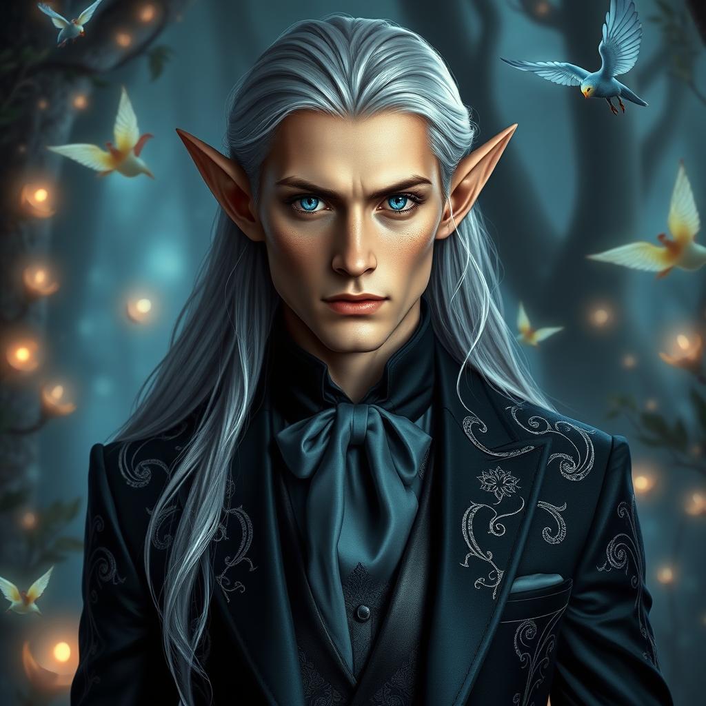 A majestic elf dressed in an elegant modern black suit, seamlessly blending fantasy with contemporary style