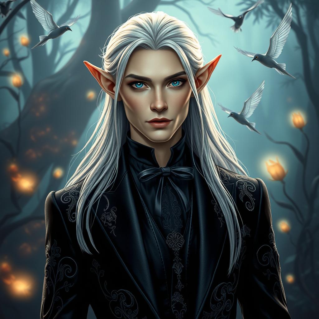 A majestic elf dressed in an elegant modern black suit, seamlessly blending fantasy with contemporary style