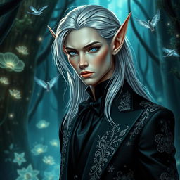 A majestic elf dressed in an elegant modern black suit, seamlessly blending fantasy with contemporary style