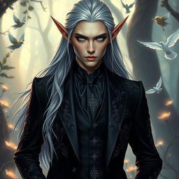 A majestic elf dressed in an elegant modern black suit, seamlessly blending fantasy with contemporary style