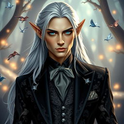 A majestic elf dressed in an elegant modern black suit, seamlessly blending fantasy with contemporary style