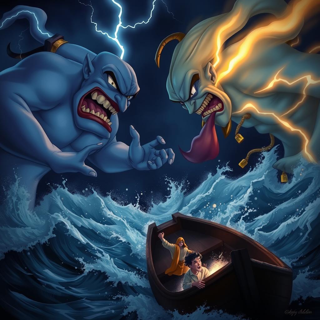 Aladdin's two powerful genies engage in a fierce battle on a tumultuous sea, their faces contorted with anger and determination