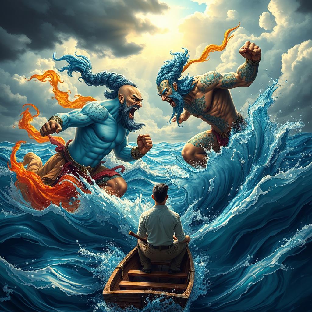 A dramatic scene depicting two genies in furious combat above a turbulent sea, their supernatural powers clashing and creating waves
