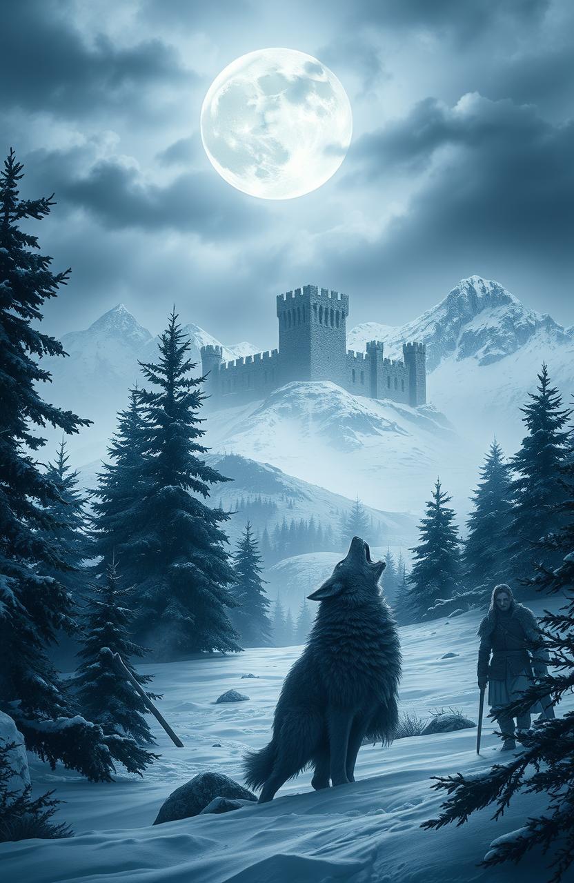 A captivating fantasy scene inspired by the world of 'A Song of Ice and Fire' and the first book 'Game of Thrones'