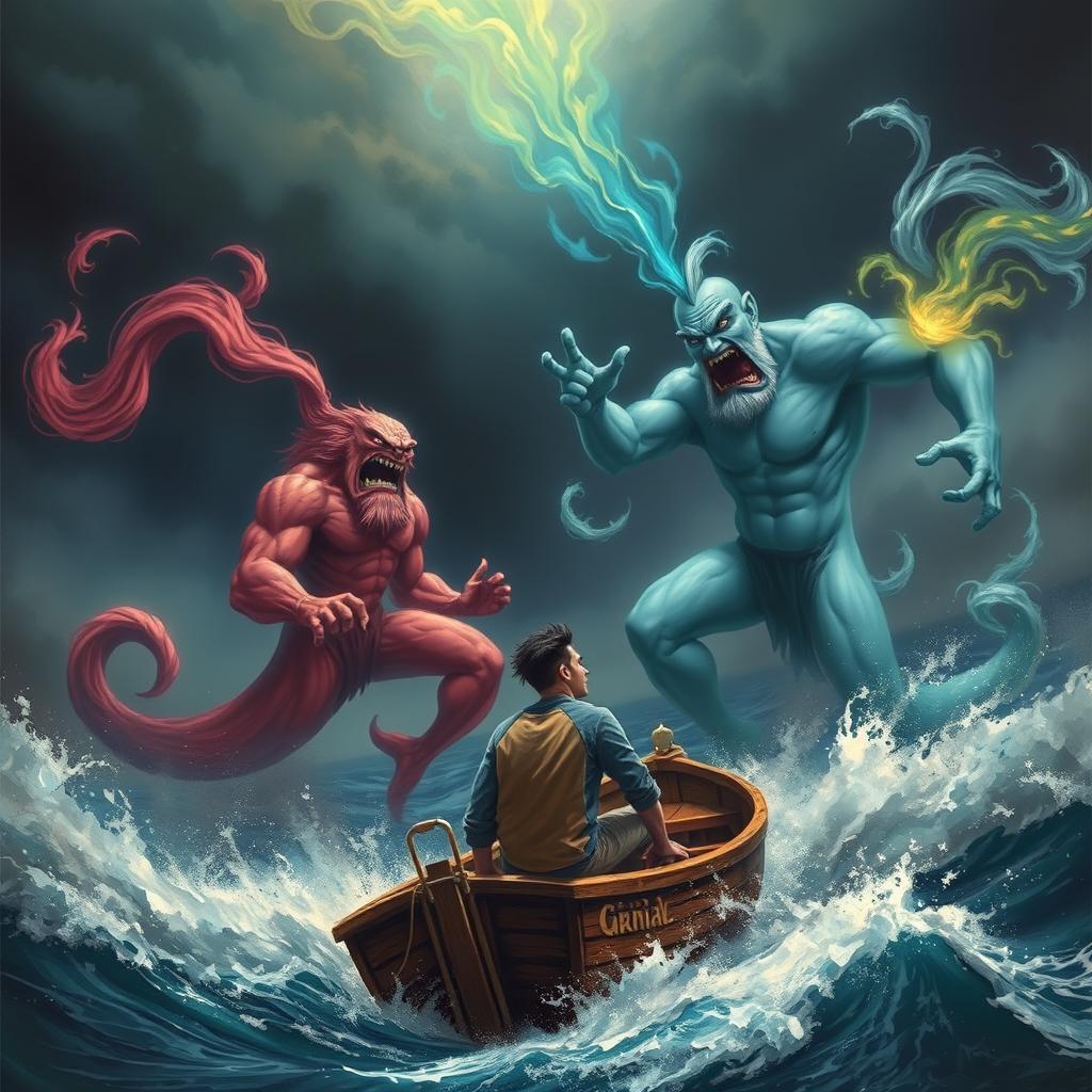 A dramatic scene depicting two genies with angry expressions, engaged in a fierce battle over a turbulent sea