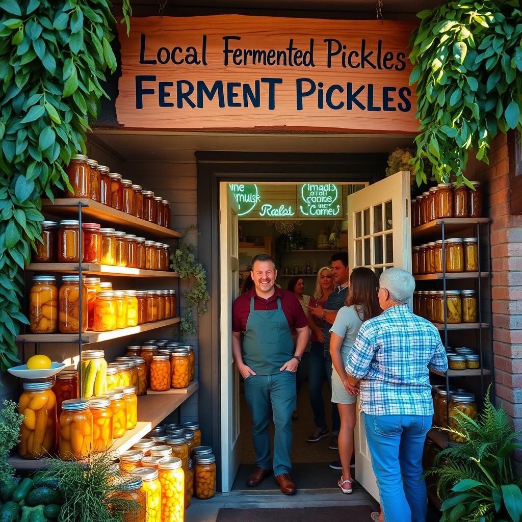 A vibrant storefront of a local fermented pickles business, showcasing jars of colorful, homemade pickles in various sizes displayed neatly on wooden shelves