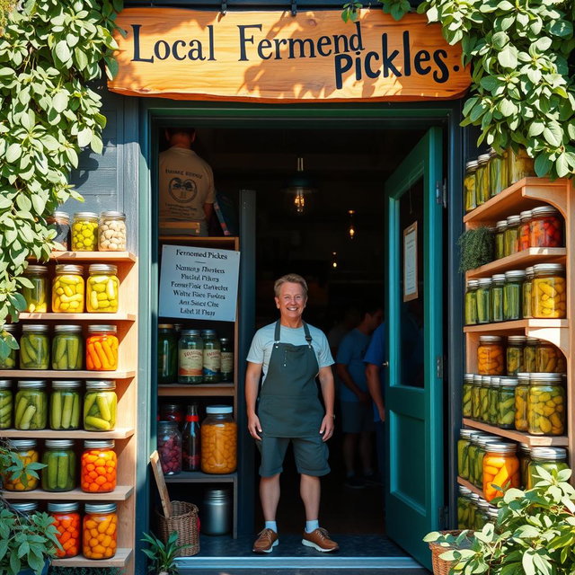 A vibrant storefront of a local fermented pickles business, showcasing jars of colorful, homemade pickles in various sizes displayed neatly on wooden shelves