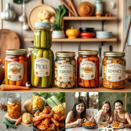 A vibrant and appealing online store display featuring an array of fermented pickles and kimchi