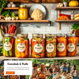 A vibrant and appealing online store display featuring an array of fermented pickles and kimchi