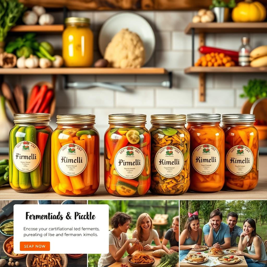 A vibrant and appealing online store display featuring an array of fermented pickles and kimchi