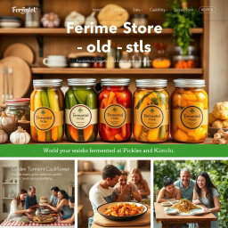A vibrant and appealing online store display featuring an array of fermented pickles and kimchi