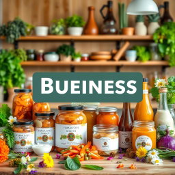 A vibrant and inviting online business display featuring a variety of fermented products such as kimchi, sauerkraut, kombucha, and yogurt