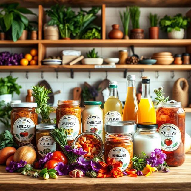 A vibrant and inviting online business display featuring a variety of fermented products such as kimchi, sauerkraut, kombucha, and yogurt