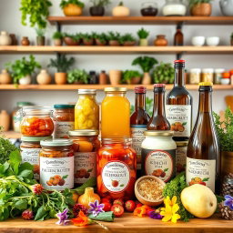 A vibrant and inviting online business display featuring a variety of fermented products such as kimchi, sauerkraut, kombucha, and yogurt