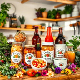 A vibrant and inviting online business display featuring a variety of fermented products such as kimchi, sauerkraut, kombucha, and yogurt
