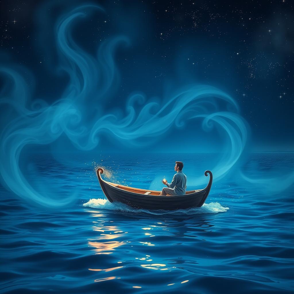 A mystical scene featuring a genie emerging from a shimmering sea, surrounded by swirling mist and the deep darkness of a night sky filled with stars