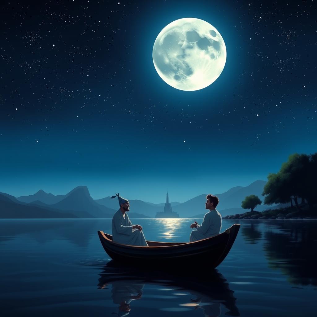 A scene featuring Aladdin's Genie and a man engaging in a deep conversation on a small boat