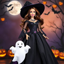 A Barbie doll dressed as a witch, featuring a stunning dark-themed outfit adorned with intricate lace and gemstone details