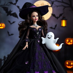 A Barbie doll dressed as a witch, featuring a stunning dark-themed outfit adorned with intricate lace and gemstone details
