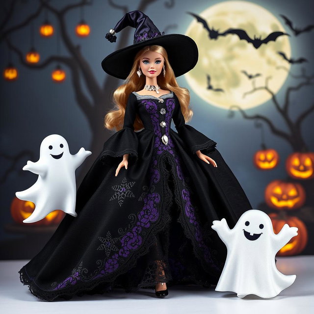 A Barbie doll dressed as a witch, featuring a stunning dark-themed outfit adorned with intricate lace and gemstone details